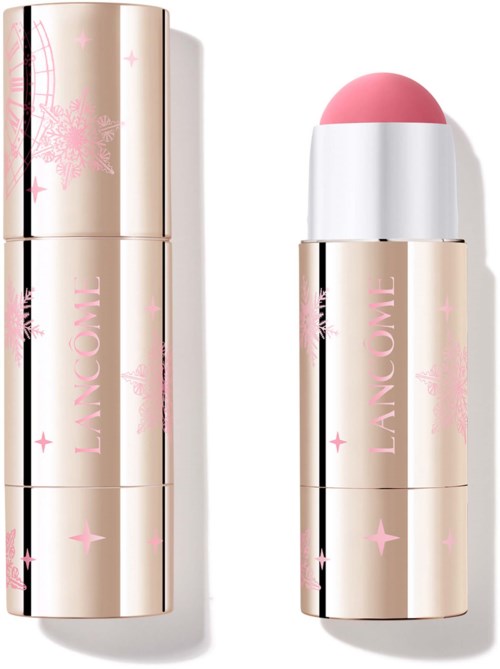 Ein rosa-weißer Lippenstift mit einem dekorativen goldenen Gehäuse mit pinken Schneeflocken und Sternen.