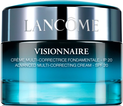 En burk med Lancôme Visionnaire multi-korrigerande kräm med SPF 20 i en glänsande silver- och blå behållare.