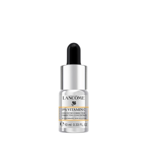 Pieni pullo Lancome-seerumilla, musta tipattimella, valkoisessa taustassa.