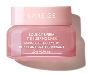 En burk med Laneige Bouncy & Firm Eye Sleeping Mask, rosa färg, med vitt text på lock och burk.