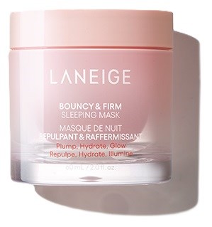 Hellrosa Dose von Laneige Bouncy & Firm Sleeping Mask mit weißen Text. Sie fördert prallen und hydratisoitua Haut.