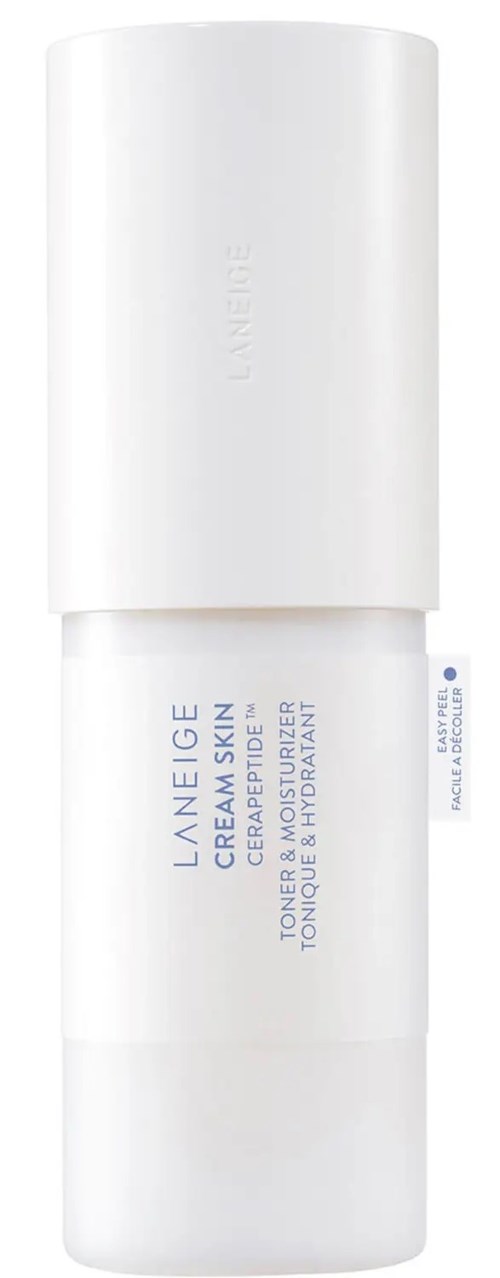 Eine weiße Flasche mit Pumpe, gekennzeichnet "Laneige Cream Skin Toner & Moisturizer" für Gesichtspflege.
