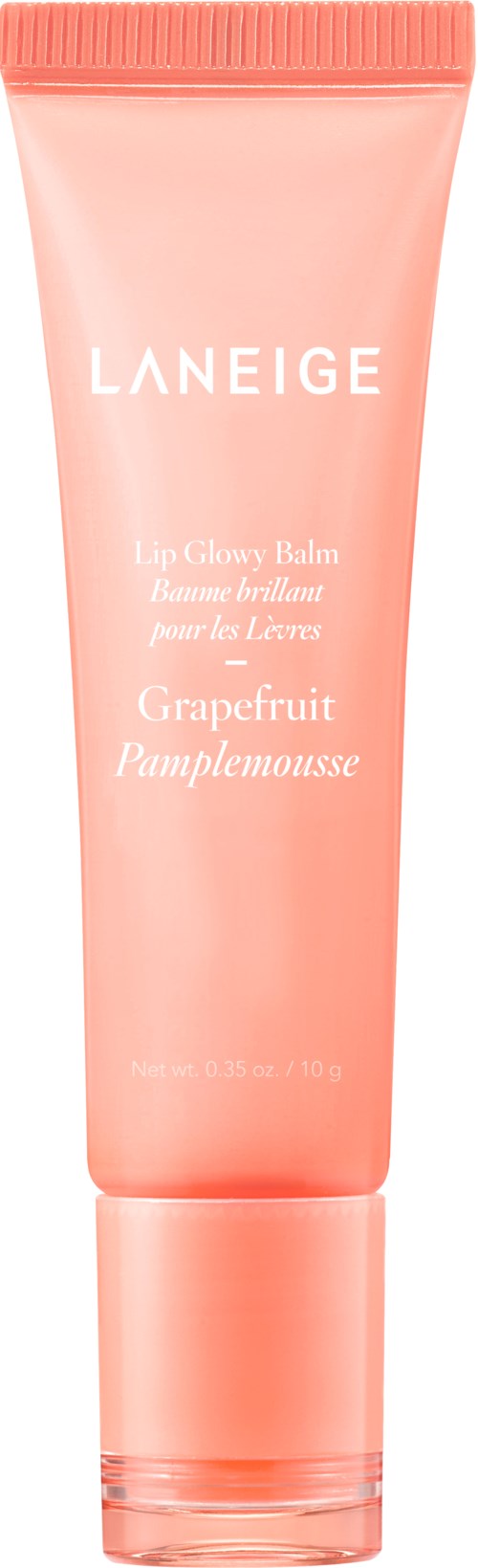 En rosa tub märkt 'LANEIGE Lip Glowy Balm' med grapefruktsdoft.