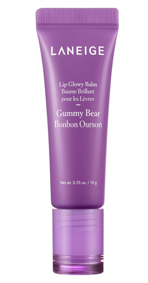Eine lila Tube mit Laneige Lip Glow Balm mit Gummy Bear Geschmack, kleines Format und durchsichtigem Deckel.
