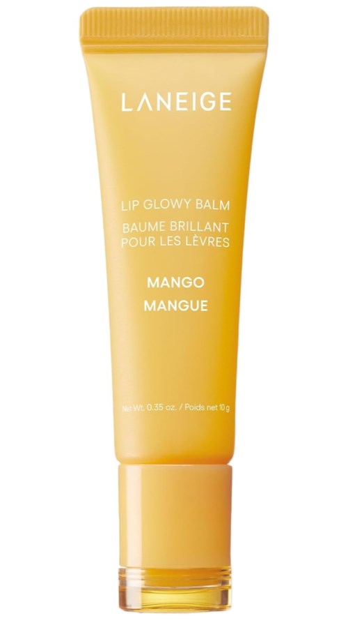 Een gele tube Laneige Mango Lip Glow Balm met tekst erop. De tube heeft een dop en wordt gebruikt voor lippen.