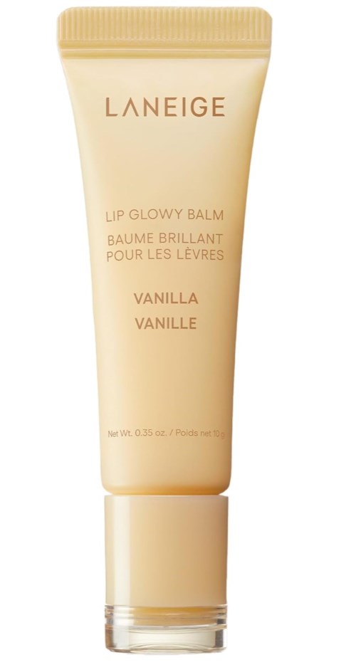 En beige tube med Laneige Vanila Lip Glow Balm med lock, märkt med produktnamn och varumärke.