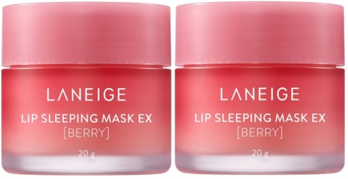 Två rosa burkar med Laneige Lip Sleeping Mask EX i bärsmak står sida vid sida.