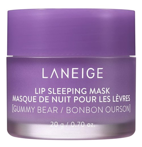 En lilla krukke med Laneige Lip Sleeping Mask med smak Gummy Bear, 20 gram. Tekst på engelsk og fransk.