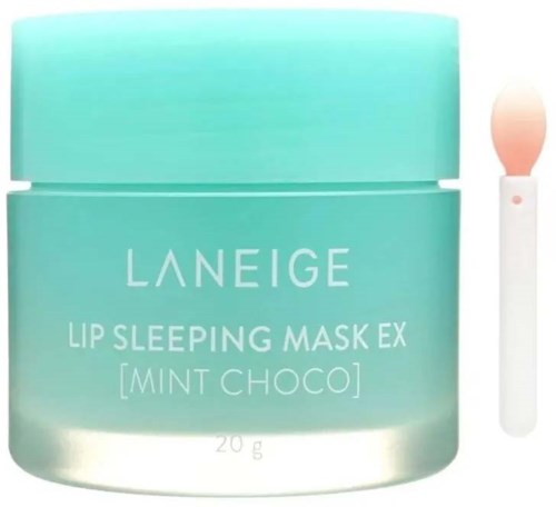 En mintgrønn krukke med Laneige Lip Sleeping Mask og en liten hvit applikator ved siden.