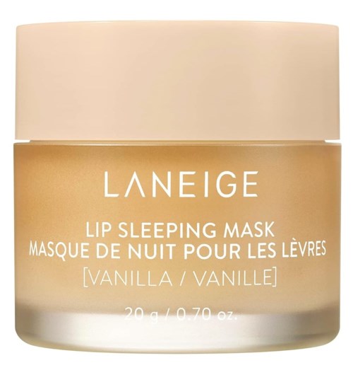 En liten burk med Laneige Lip Sleeping Mask med vaniljsmak, avsedd för att ge näring åt läpparna över natten.
