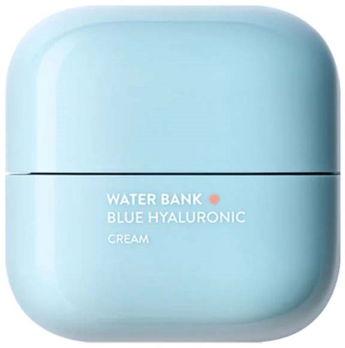 Blue container with white text for water bank, hyaluronic cream inside, round shape.