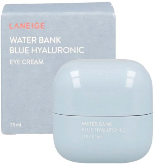 Ett ljusblått krukformat och förpackning för Laneige Water Bank Blue Hyaluronic Eye Cream.