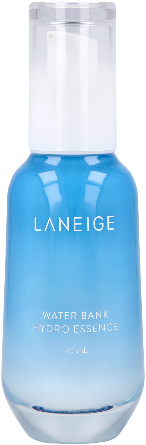 En blå flaska märkt 'LANEIGE' med vit lock, innehåller vattenessens för huden.