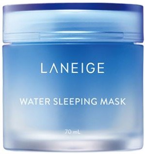 En blå beholder merket 'LANEIGE WATER SLEEPING MASK' inneholder 70 ml hudpleieprodukt.