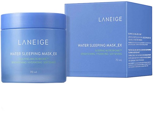 En blå burk och box med Laneige Water Sleeping Mask, med produktnamn och beskrivning på etiketten.