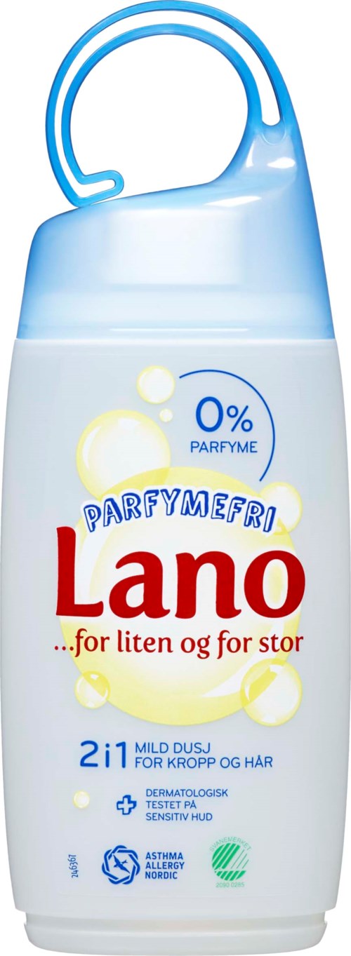 En hvit flaske med blå håndtak, inneholder Lano dusjsåpe for kropp og hår, mild, uten parfyme, egnet for sensitiv hud.
