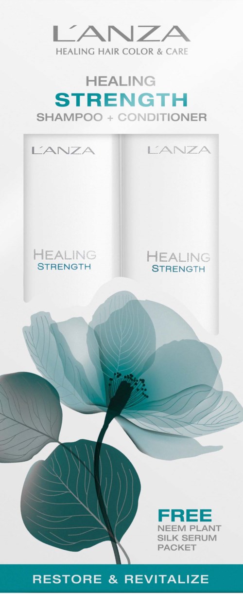 Szampon i odżywka L'ANZA Healing Strength z darmowym pakietem serum z jedwabiu z drzewa neem, na tle kwiatowym.
