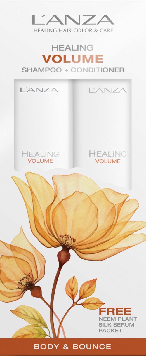 Szampon i odżywka L'Anza Healing Volume z darmowym serum z jedwabiu z rośliny neem, z ilustracją kwiatu na opakowaniu.