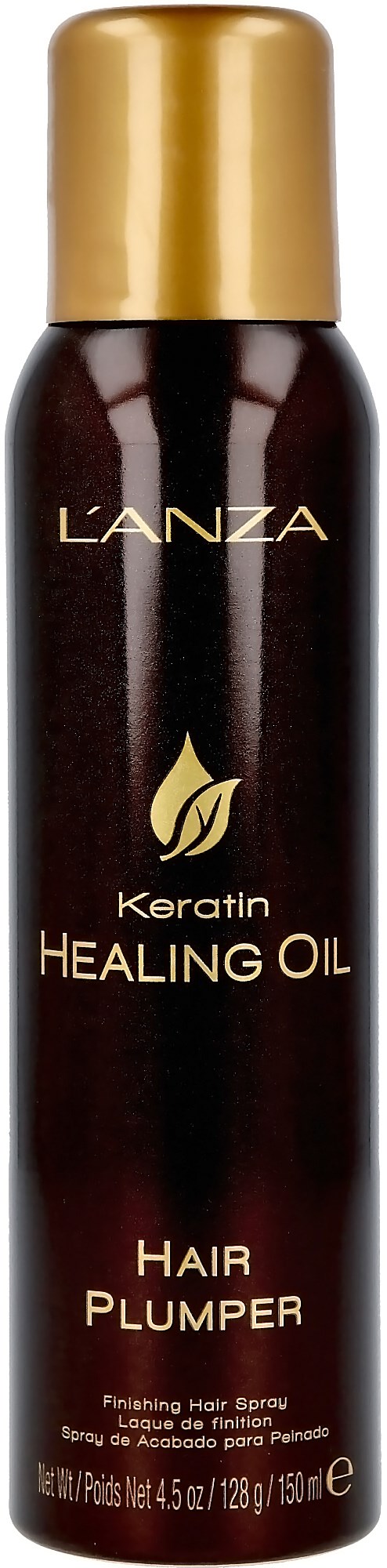En mörk sprayflaska med guldkork, märkt L'ANZA Keratin Healing Oil Hair Plumper.