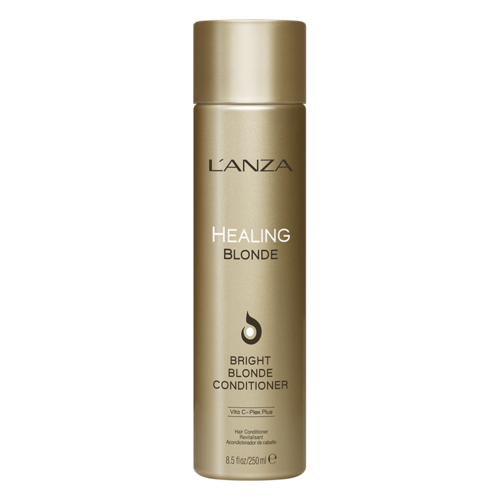 En gullfarget flaske merket 'L'ANZA HEALING BLONDE' for hårbalsam, 8,5 flytende unser.
