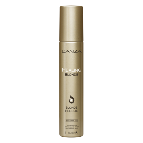 En lång, guldig flaska märkt 'LANZA HEALING BLONDE' och 'BLONDE RESCUE' med en svart logga längst ner.