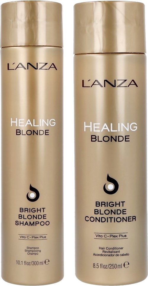 Twee gouden flessen L'ANZA Healing Blonde haarverzorgingsproducten, shampoo en conditioner, voor blond haar.