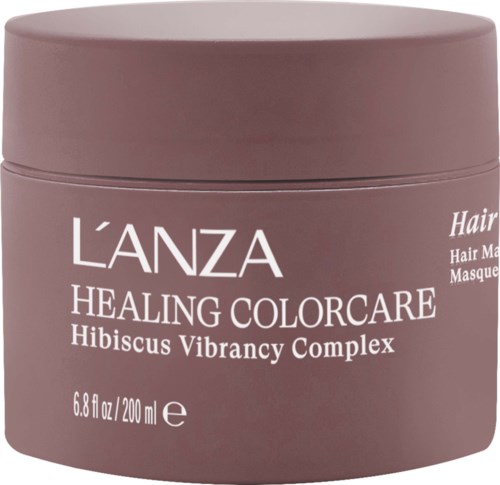 Różowa puszka z napisem 'L'ANZA HEALING COLORCARE Hibiscus Vibrancy Complex' i danymi produktu.