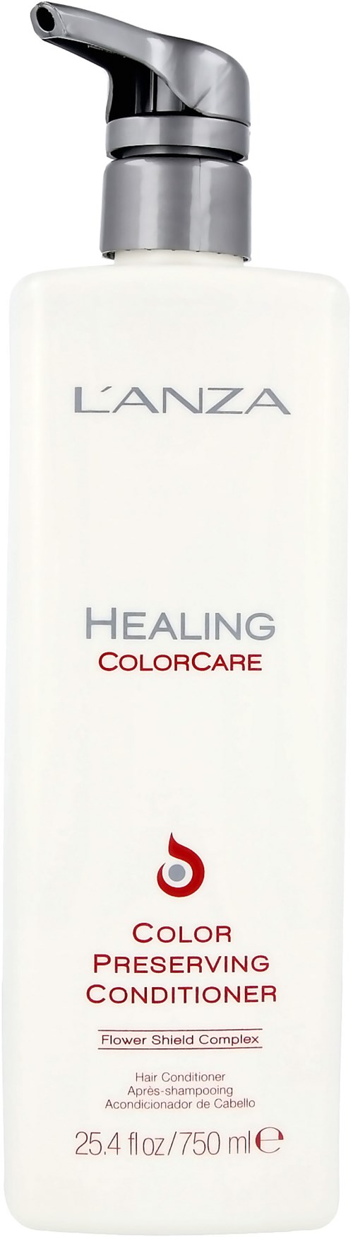 En vit flaska med svart pump, märkt 'L'ANZA Healing Colorcare' och 'Color Preserving Conditioner'.