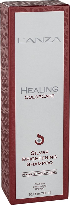 En låda med L'Anza Healing Colorcare Silver Brightening Shampoo med Flower Shield Complex, 10,1 fl oz.