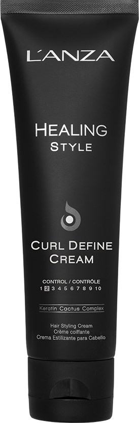En svart tub med L'Anza Healing Style Curl Define Cream med produktdetaljer och varumärke.