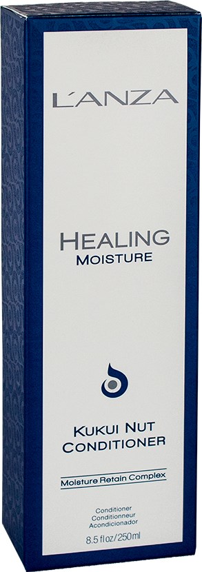 En lång blå och vit förpackning med L'ANZA Healing Moisture Kukui Nut Conditioner. Den nämner fuktbevarande och innehåller 8,5 oz.