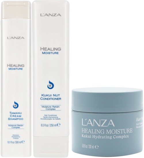 Hiustenhoitotuotteiden setti: shampoota, hoitoainetta ja voidetta. Kaikki L'ANZA Healing Moisture -sarjasta.