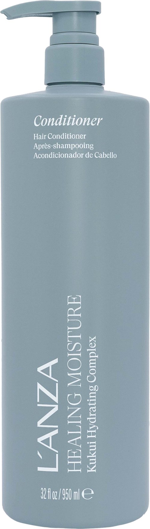 En lång, blå flaska med hårbalsam med pump, märkt 'Lanza Healing Moisture' och 'Ultra Nourishing Complex.'