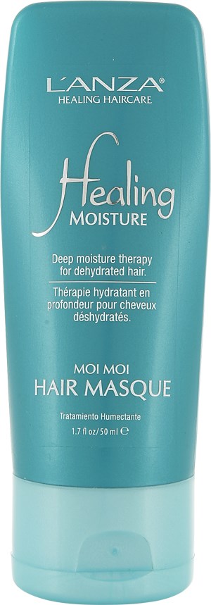 Sininen pullo L'ANZA Healing Moisture Hair Masque lievitärolle. Se on kuivalle hiuksille.
