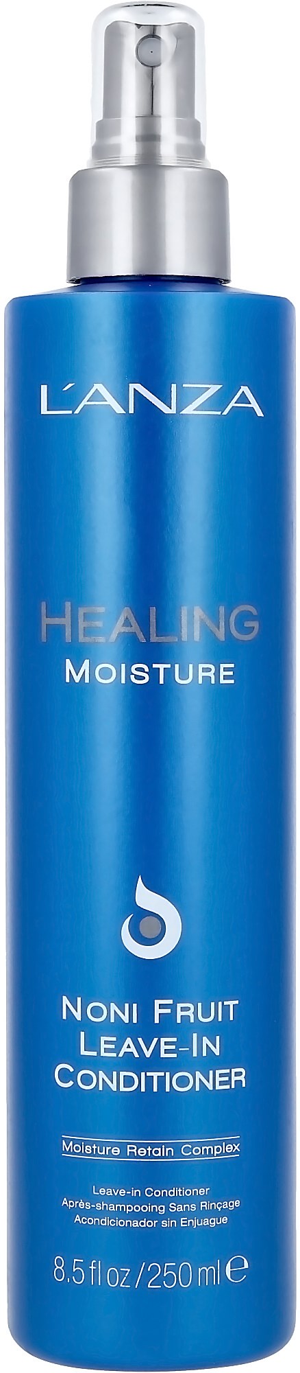 En blå flaska av Lanza Healing Moisture leave-in balsam för icke-frukt, med sprayhuvud, storlek 8,5 fl oz.