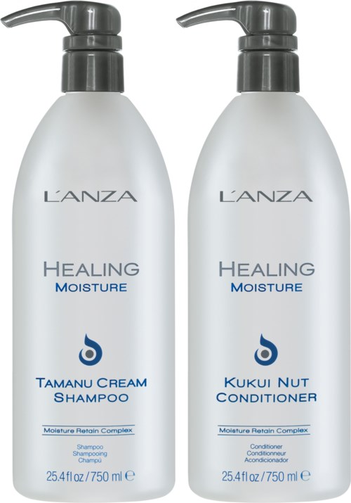 Två flaskor L'ANZA Healing Moisture hårvårdsprodukter, en för schampo och en för balsam, vardera 750 ml.