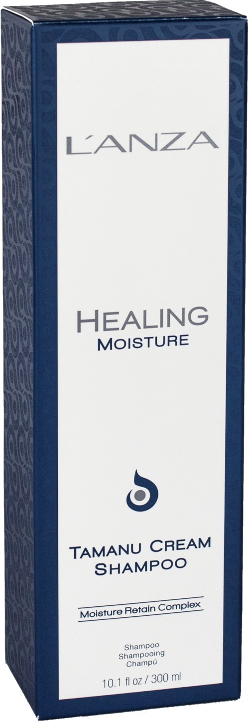 Niebiesko-białe opakowanie szamponu L'ANZA Healing Moisture Tamaru Cream z tekstem i logiem.