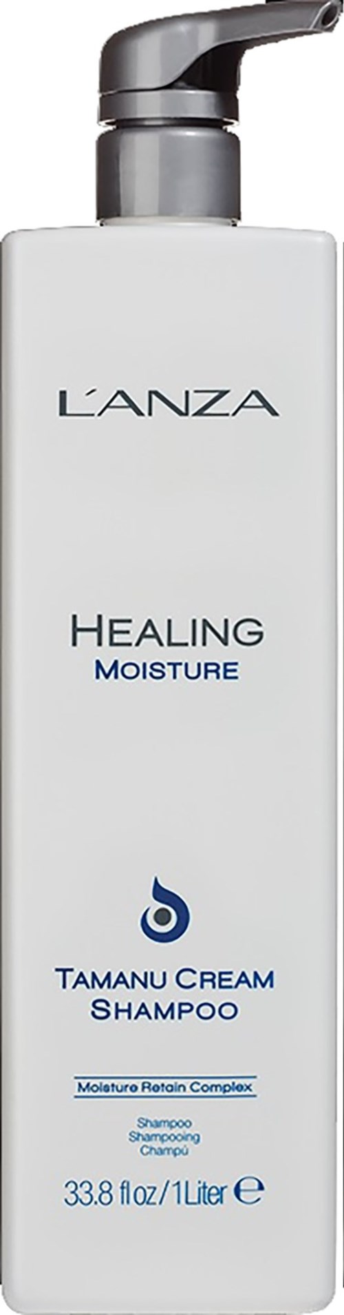 En vit flaska med svart pump, märkt L'ANZA Healing Moisture Tamanu Cream Shampoo, 33,8 fl oz.