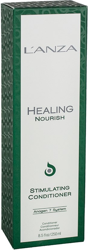 Grønn og hvit eske med L'ANZA Healing Nourish Stimulating Conditioner. Tekst på esken inkluderer produktnavn og detaljer.