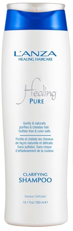 En vit schampoflaska med blå kork och text, märkt som L'ANZA Healing Pure Clarifying Shampoo.