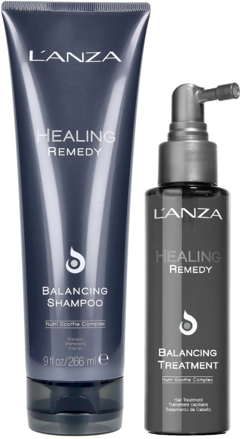 Shampooflaska och behandling med etiketten 'Lanza Healing Remedy', båda är mörka med grå och vita texter och logotyper.