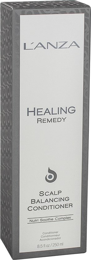 En lang, rektangulær eske merket 'L'ANZA Healing Remedy' for hodebunnsbalanserende balsam. Esken er hovedsakelig hvit og grå.
