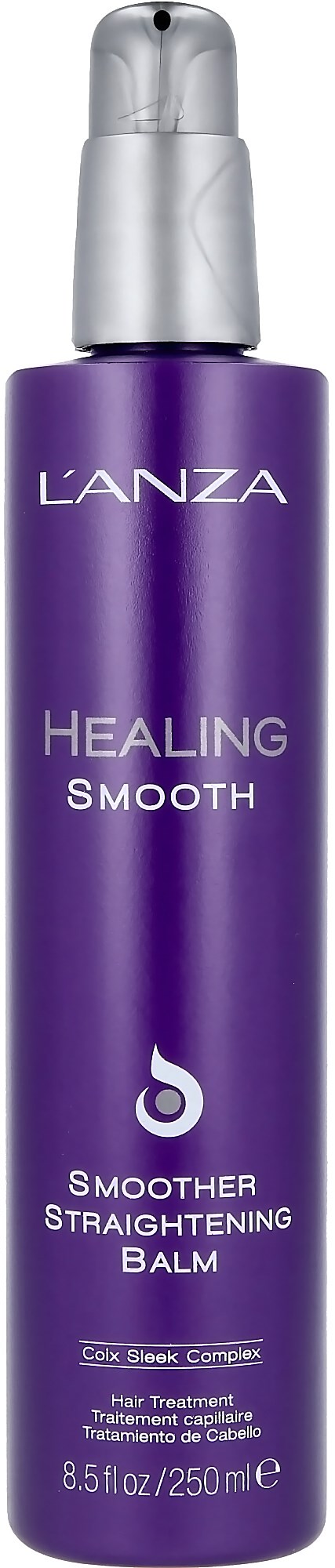 Lila flaska med L'ANZA Healing Smooth Smoother Straightening Balm med silver spraytoppen.