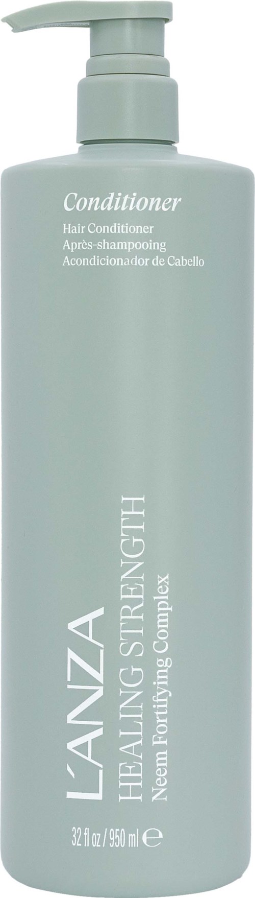 Eine hellblaue Flasche mit Pumpe, gekennzeichnet als Haarspülung von L'ANZA zur Stärkung und Reparatur.