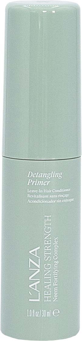 A tall, light green bottle with a matching cap, labeled as a hair strengthening primer by LANZA.
