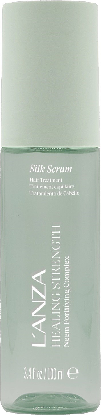 Een lange, lichtgroene fles met het label "LANZA" en de woorden "Healing Strength" en "Silk Serum."