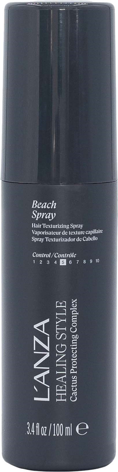 En svart sprayflaska med vitt text, märkt som L'ANZA Healing Style Beach Spray för hår.