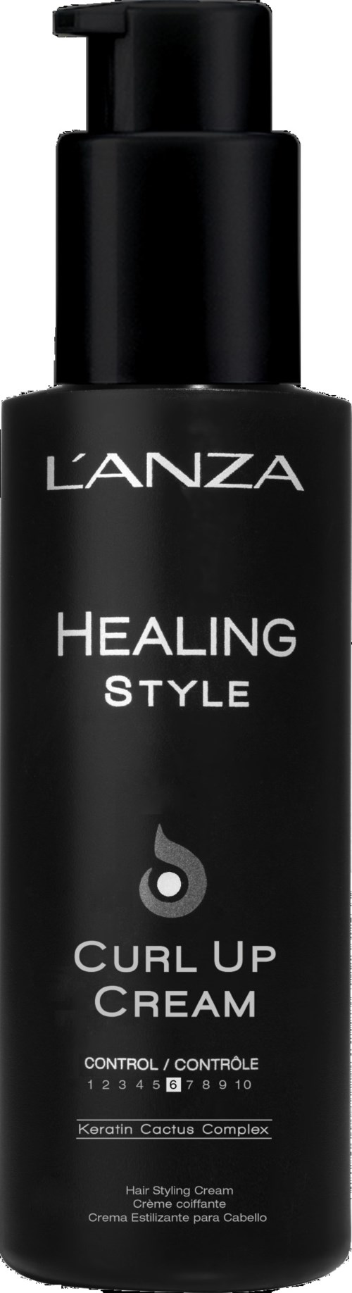 En svart flaska med pump, märkt L'ANZA Healing Style Curl Up Cream, används för hårstyling.