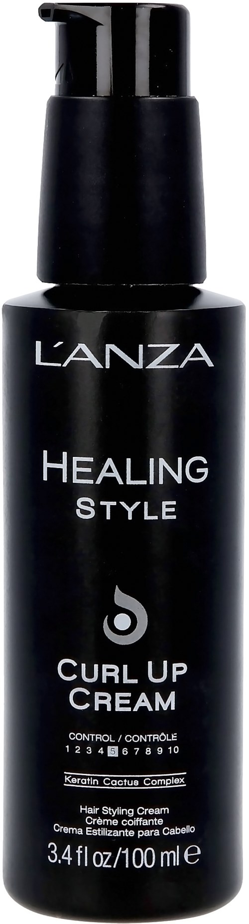 En svart flaska märkta 'LANZA Healing Style' med pump, innehållande Curl Up Cream för hårstyling.