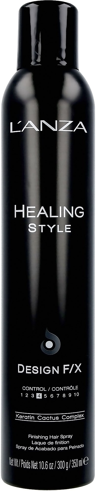 En lång, svart burk med vit text, märkt "LANZA Healing Style" och "Design F/X."